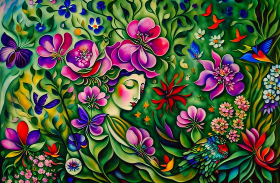 Colorful artwork: Woman's face merges with floral tapestry