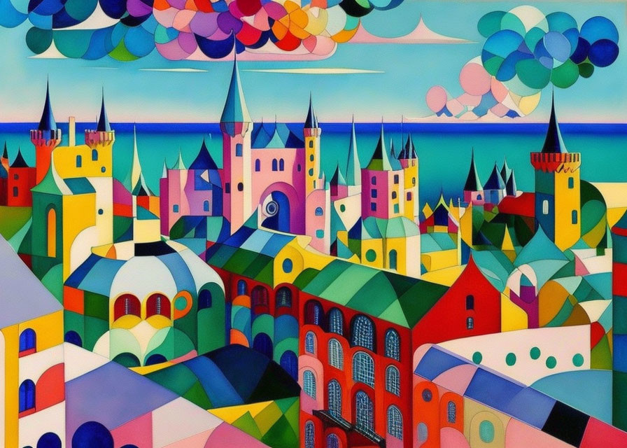 Whimsical cityscape painting with colorful buildings and vibrant balloons