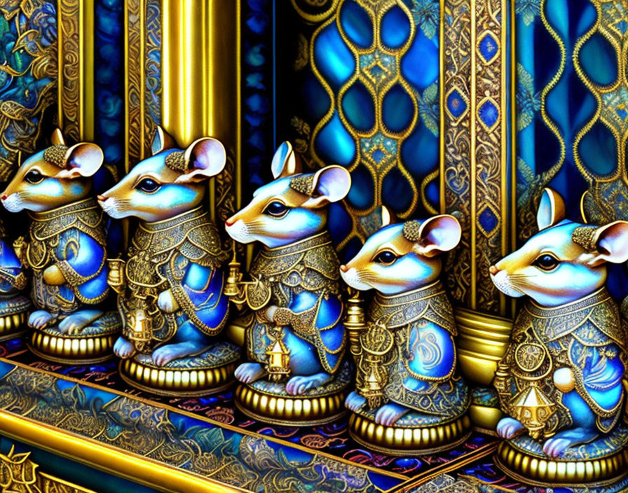 Ornate anthropomorphic mice statues with golden jewelry on blue and gold backdrop