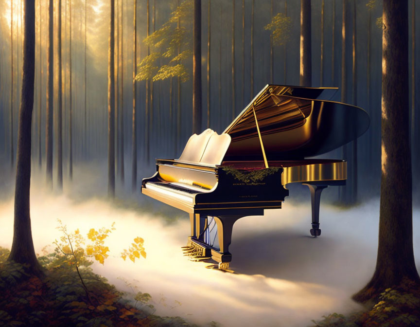 Grand piano in sunlit forest with misty reflection.