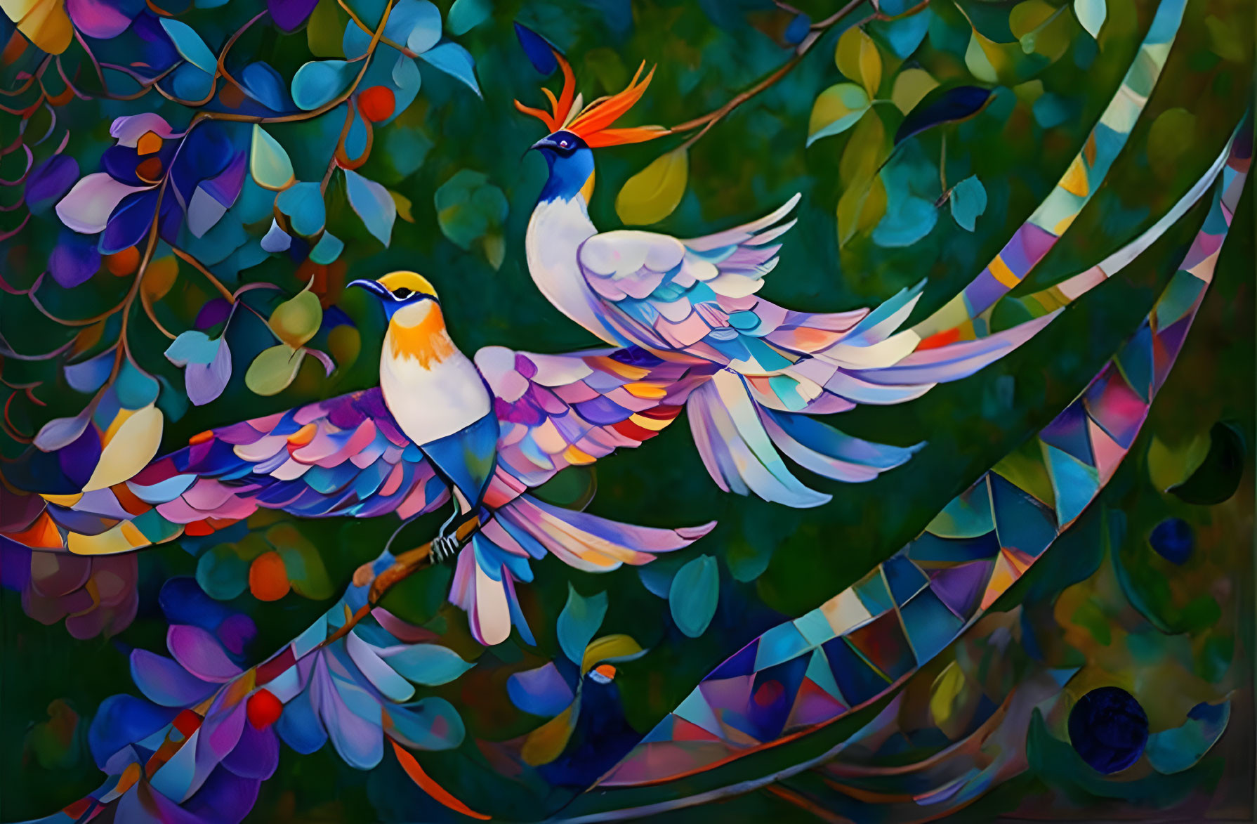 Colorful painting of whimsical birds in lush foliage