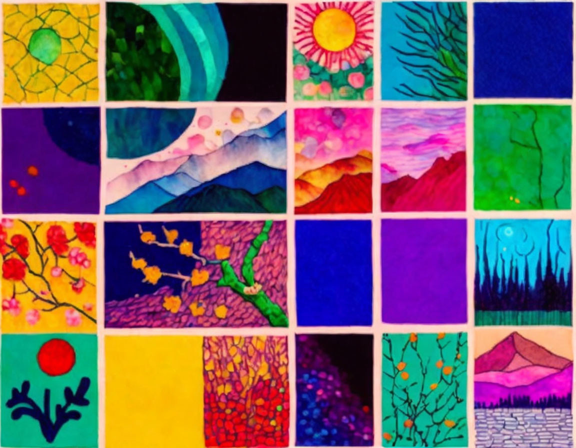 Colorful Abstract Nature Scenes Collage with Vibrant Tiles