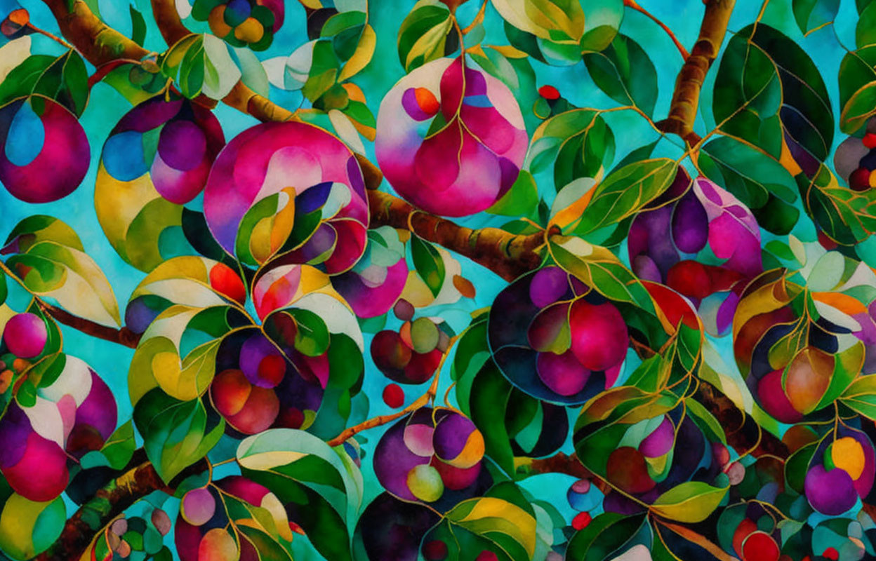 Colorful painting of ripe fruits on tree branches in blue, purple, pink, and green hues