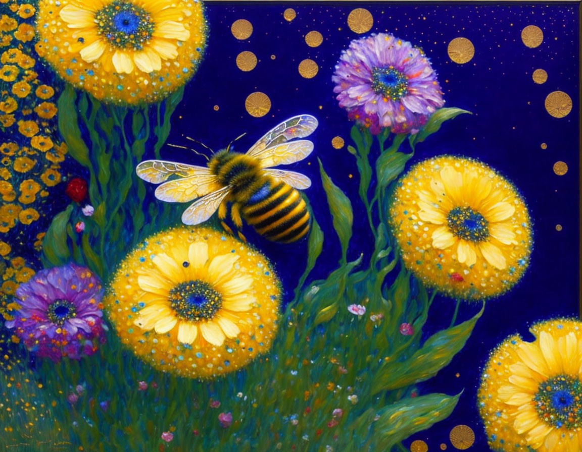 Colorful painting of bee and yellow flowers on blue background