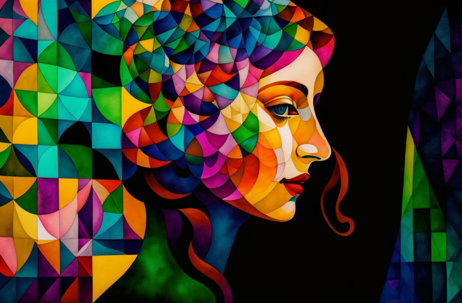 Colorful Geometric Mosaic Portrait of Woman in Profile