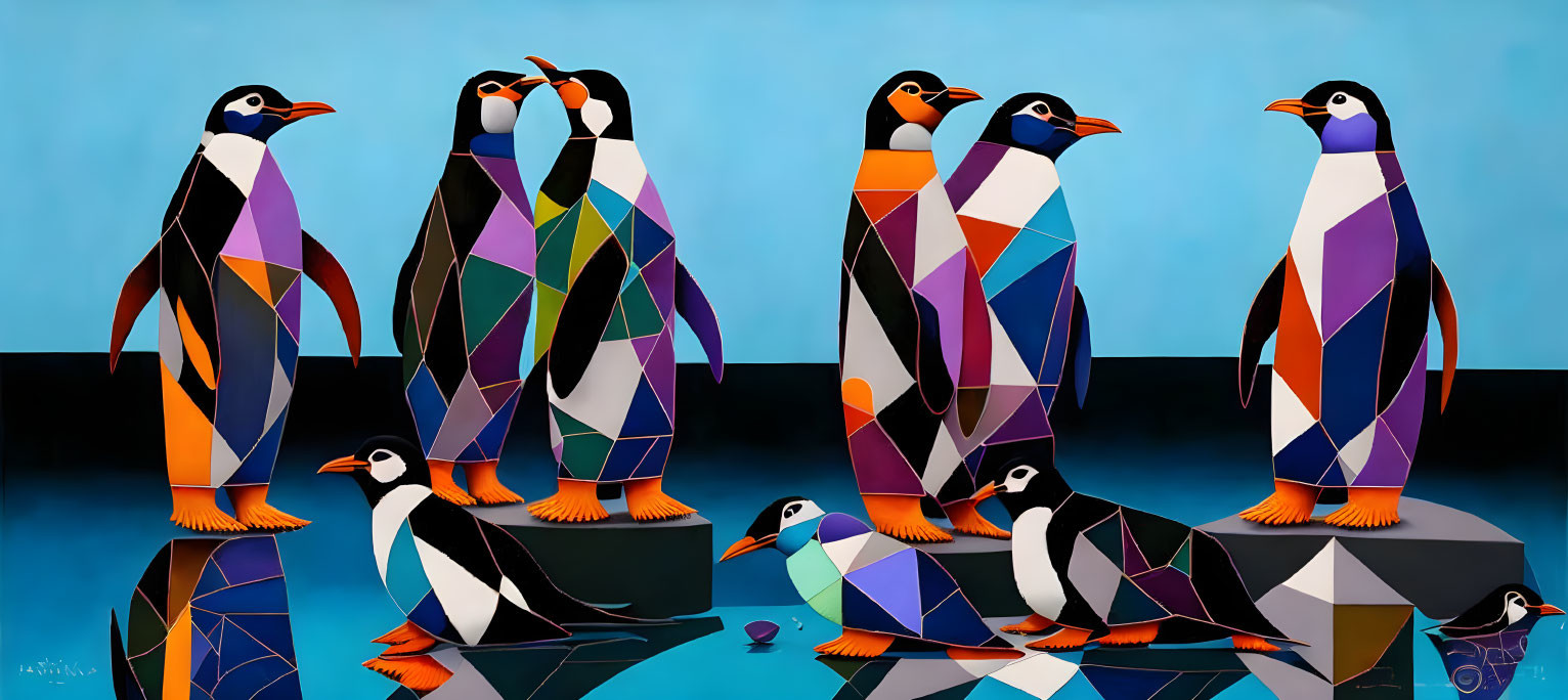 Vibrant geometric penguins on platforms with water reflections against blue backdrop
