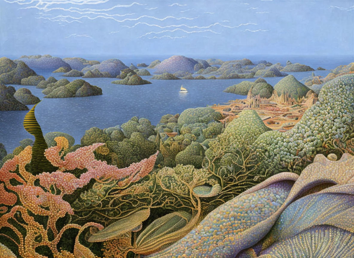 Surreal landscape painting with patterned hills, winding path, textured trees, blue bay, sail