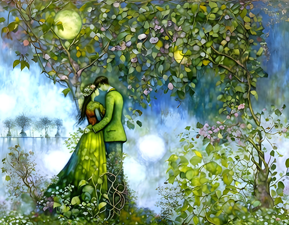 Romantic couple embracing under blooming tree with moonlit forest backdrop
