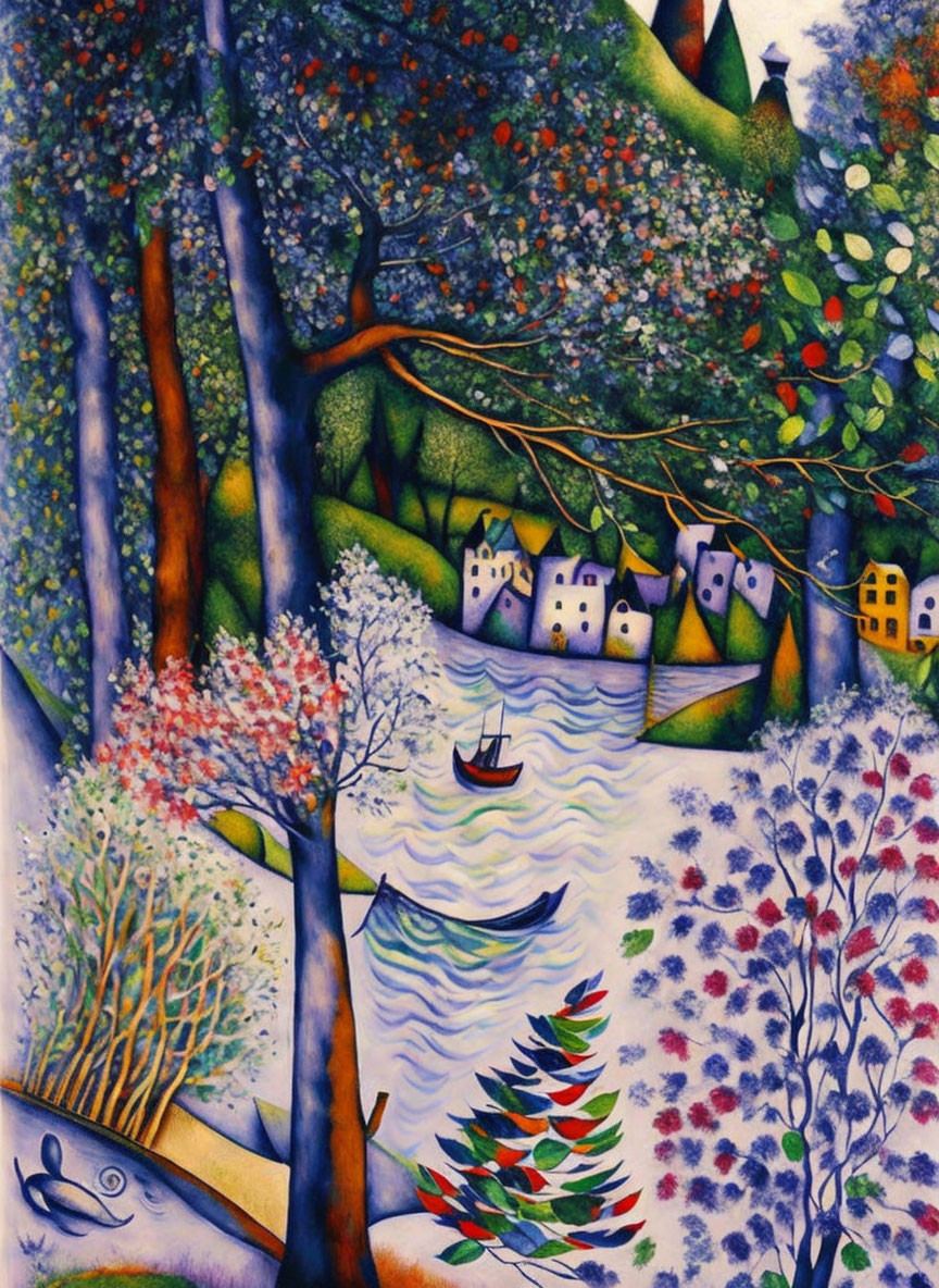 Colorful landscape painting with trees, river, houses, and boat