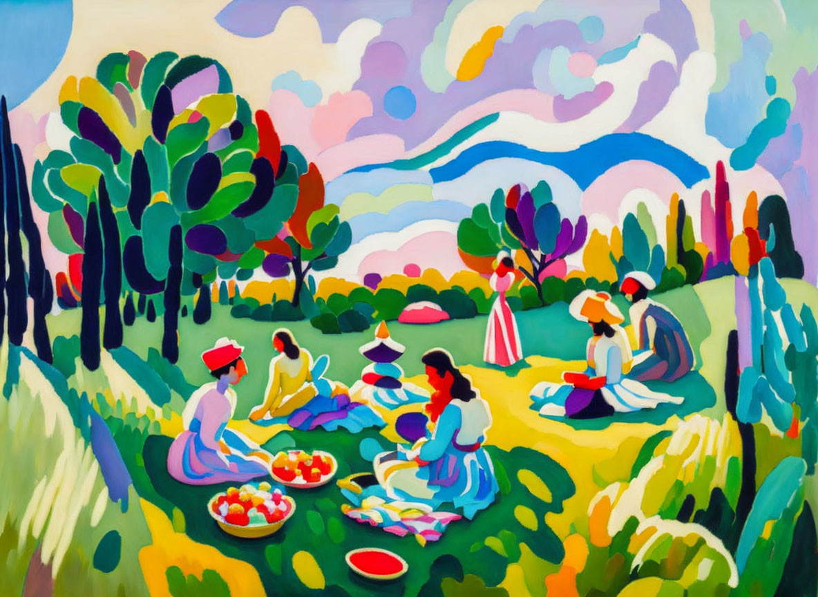 Vibrant painting of people picnicking in stylized landscape