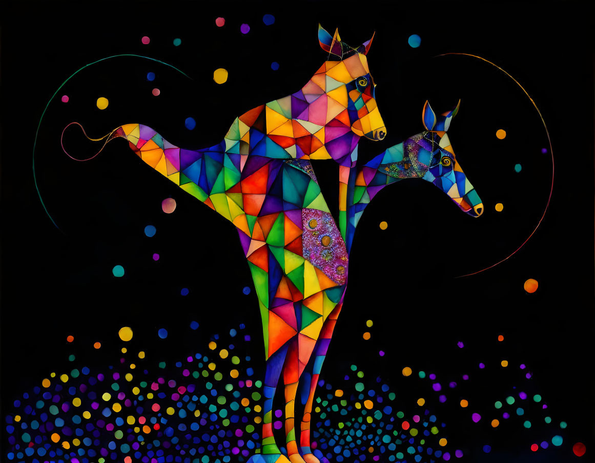 Colorful Geometric Twin Horses Artwork on Black Background