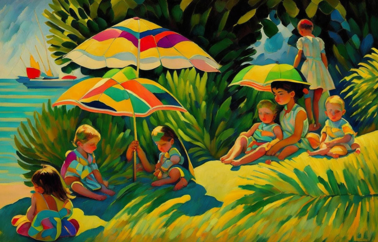 Colorful Beach Scene with Children Playing and Sailboat in Distance