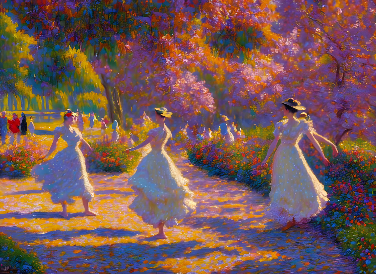 Three women in white dresses and hats dancing on a colorful path lined with blooming trees under warm golden