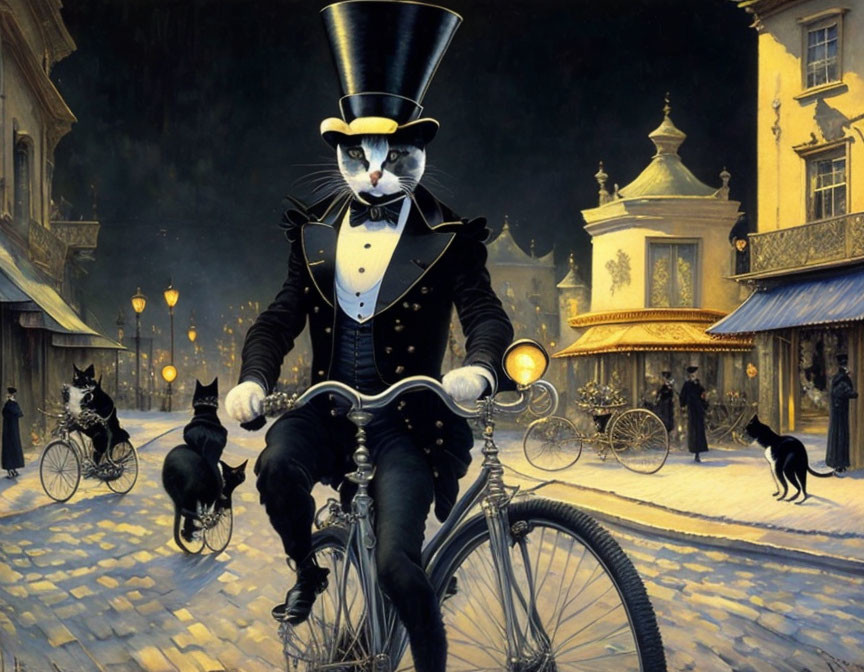 Elegant anthropomorphic cats on vintage bicycles in Victorian setting