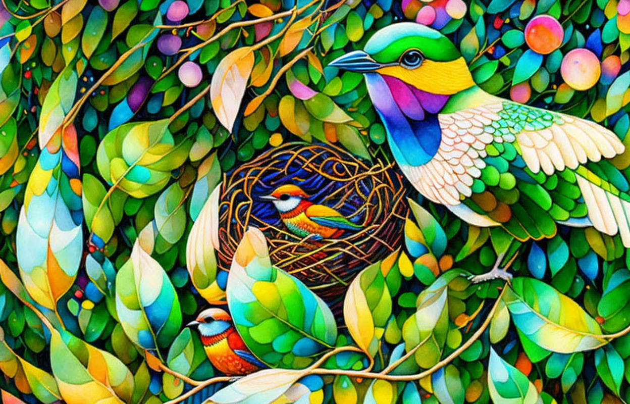 Colorful Birds Nesting in Lush Foliage Illustration