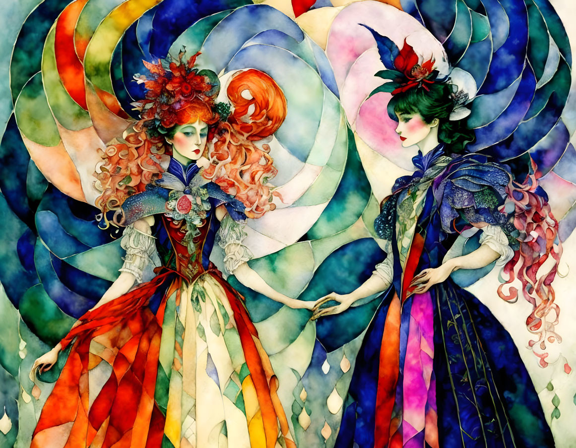 Colorful, whimsical women in elaborate attire with swirling, magical backgrounds