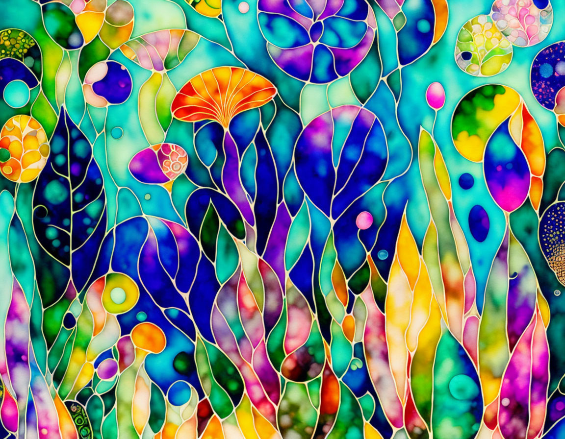 Colorful abstract stained glass-style underwater scene with vibrant bubble shapes.