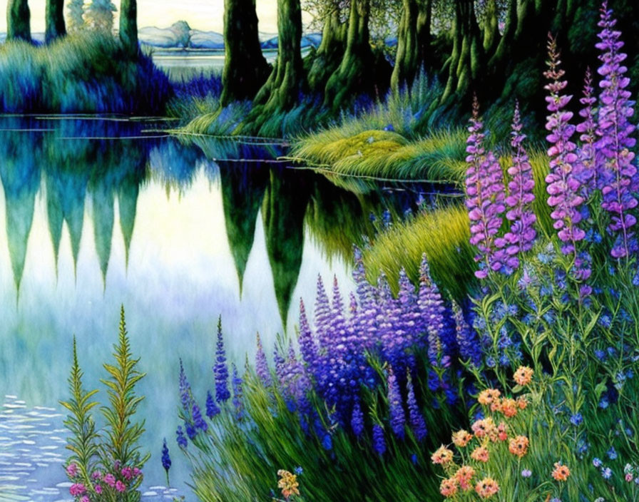 Tranquil lake painting with lush trees and colorful flowers