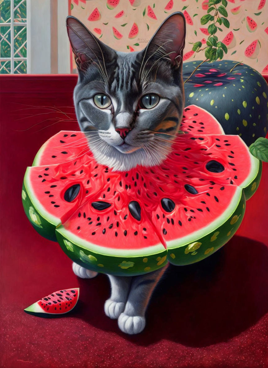 Surreal cat with watermelon-sliced body on red surface with strawberries.