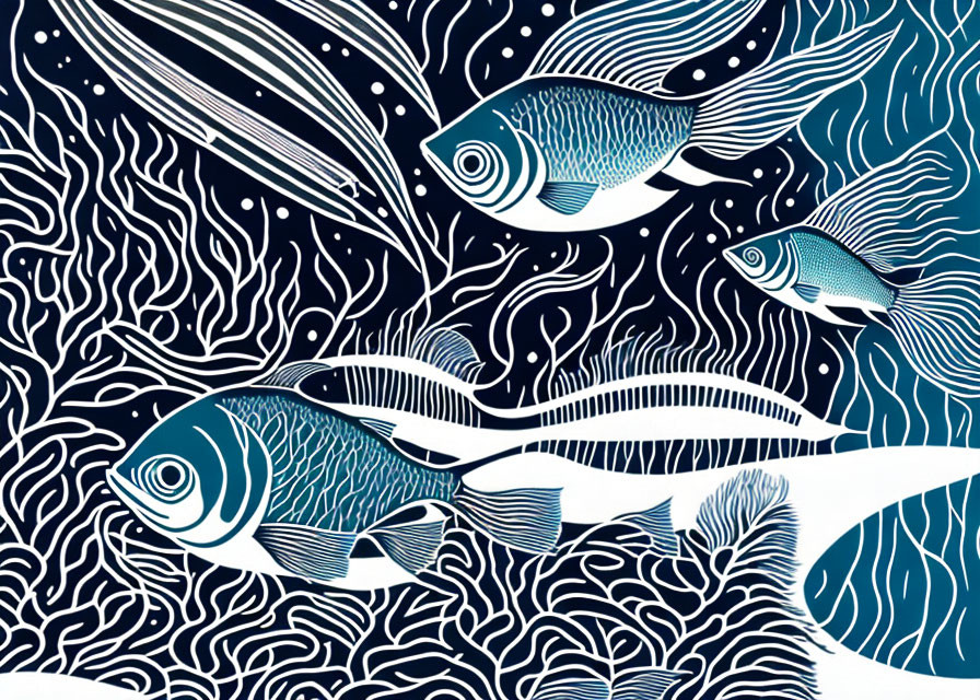 Stylized Fish Illustration with Wavy Lines and Organic Patterns in Blue