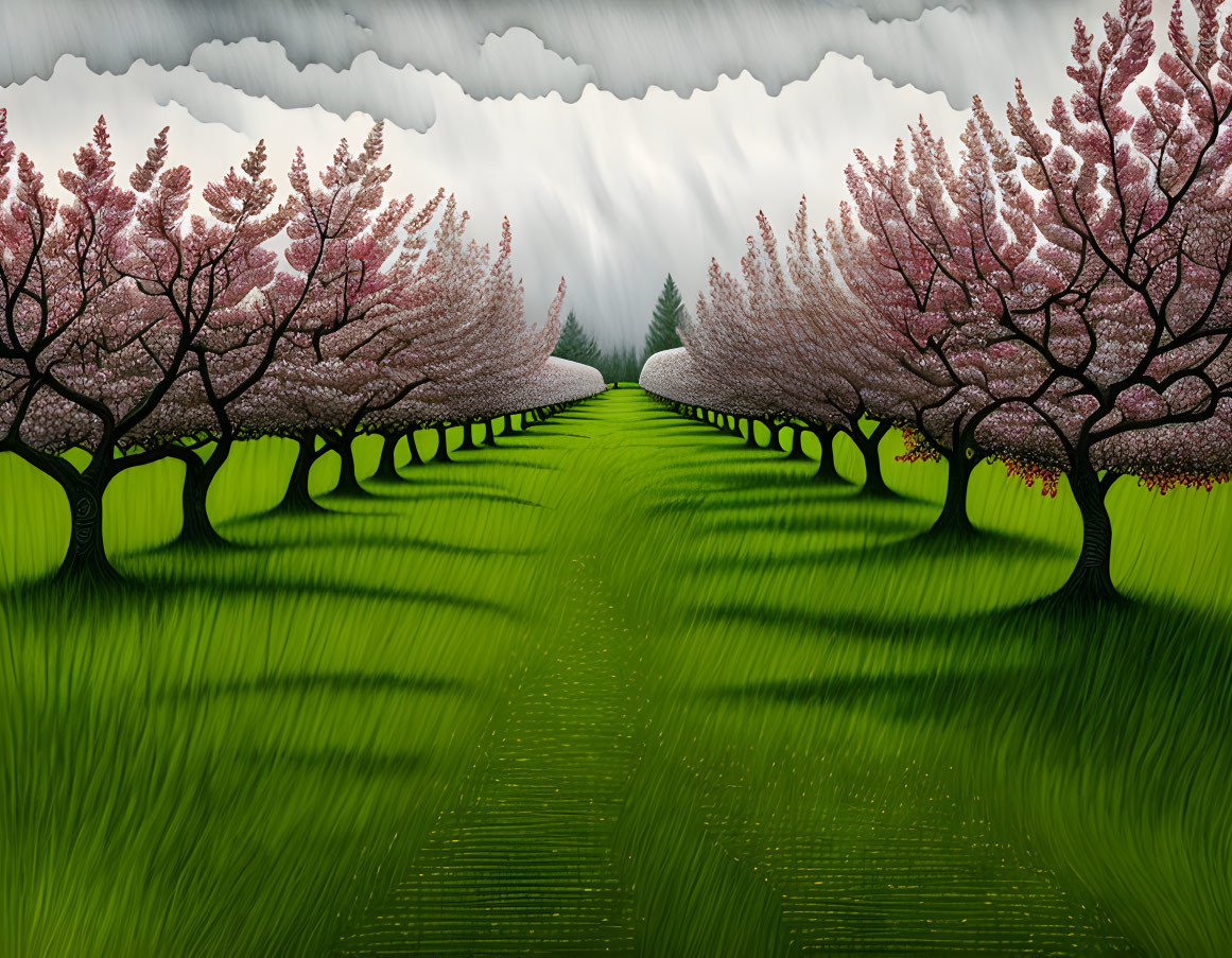 Digital artwork: Idyllic path with blooming cherry blossom trees