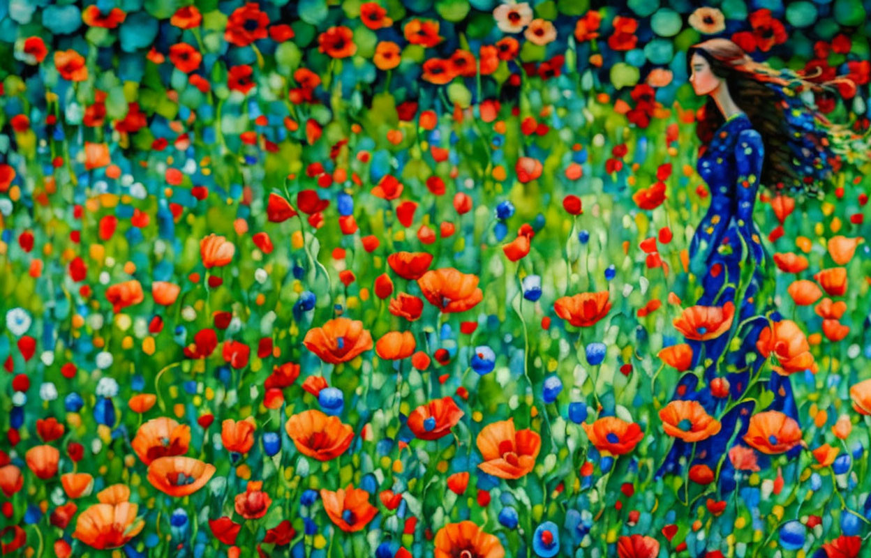 Colorful painting of woman in blue dress surrounded by poppies on green background