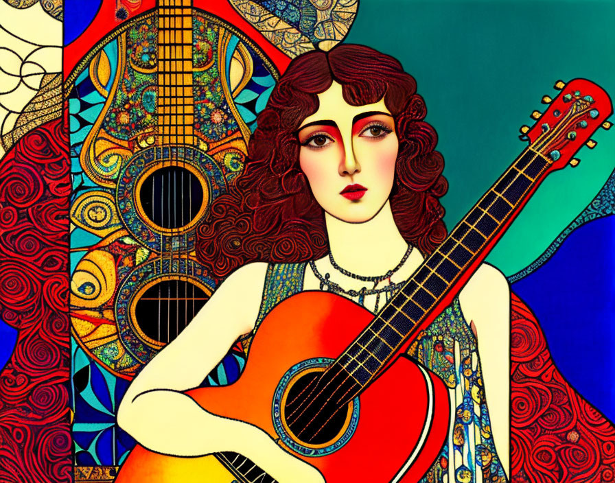 Illustration of woman with red hair playing guitar in Art Nouveau style