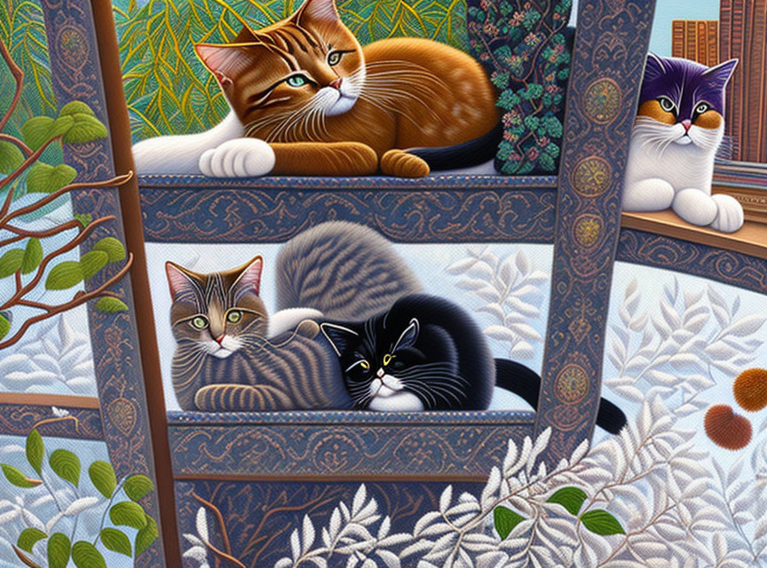 Three cats with unique patterns on cushions in a lush, plant-filled scene