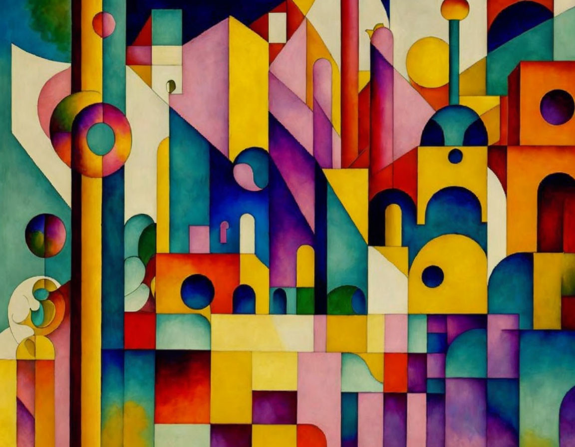 Vibrant Abstract Painting: Geometric Cityscape with Cylindrical Towers