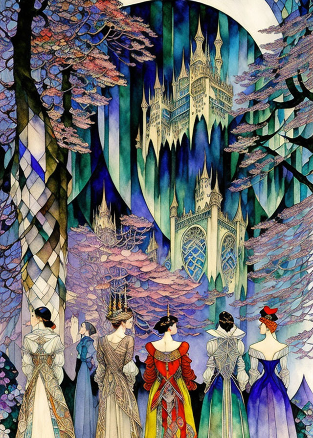 Whimsical illustration of four women in elaborate gowns near a fantastical castle