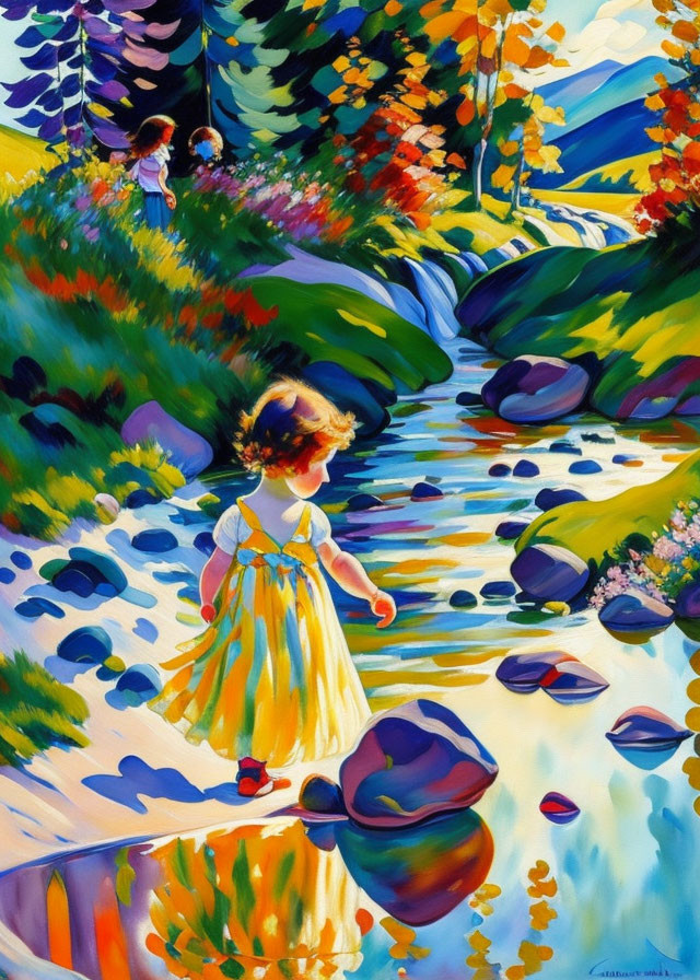 Colorful painting: Young girl in yellow dress by sunlit stream