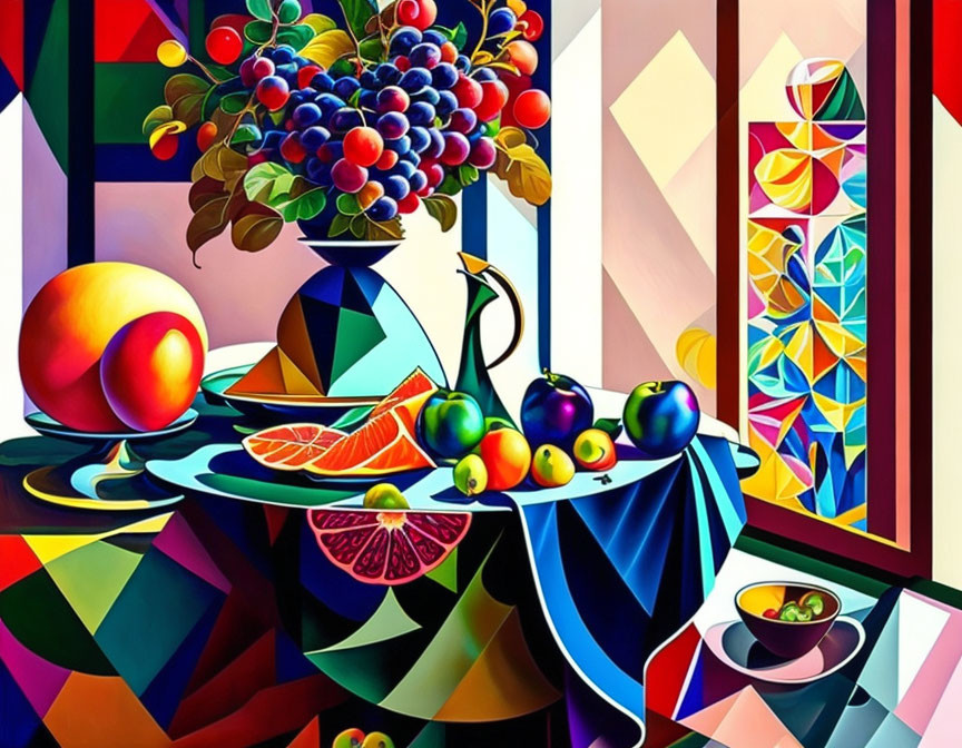 Colorful Cubist Still Life Painting with Fruits and Geometric Patterns