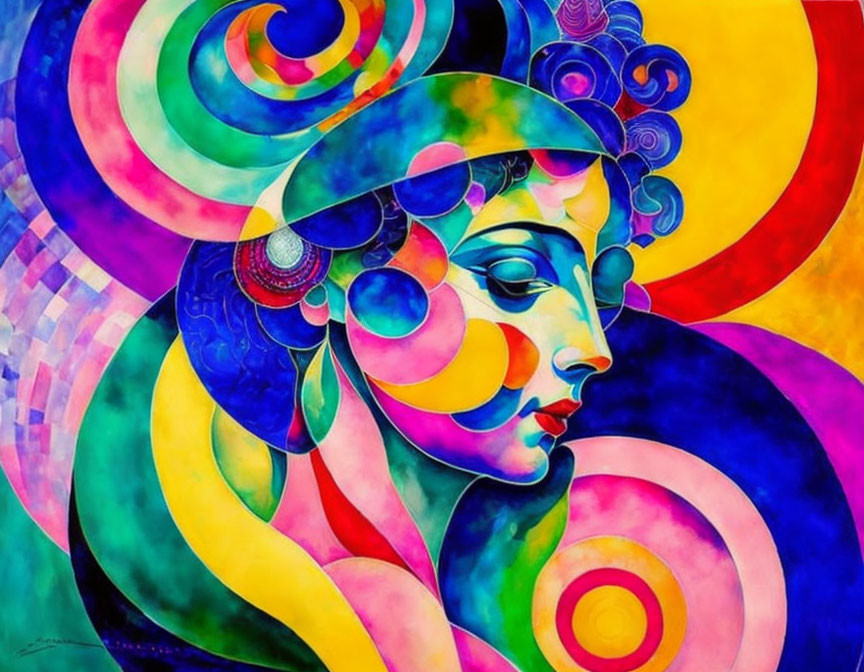 Vibrant abstract painting: stylized woman's profile with swirling blue, purple, red, yellow