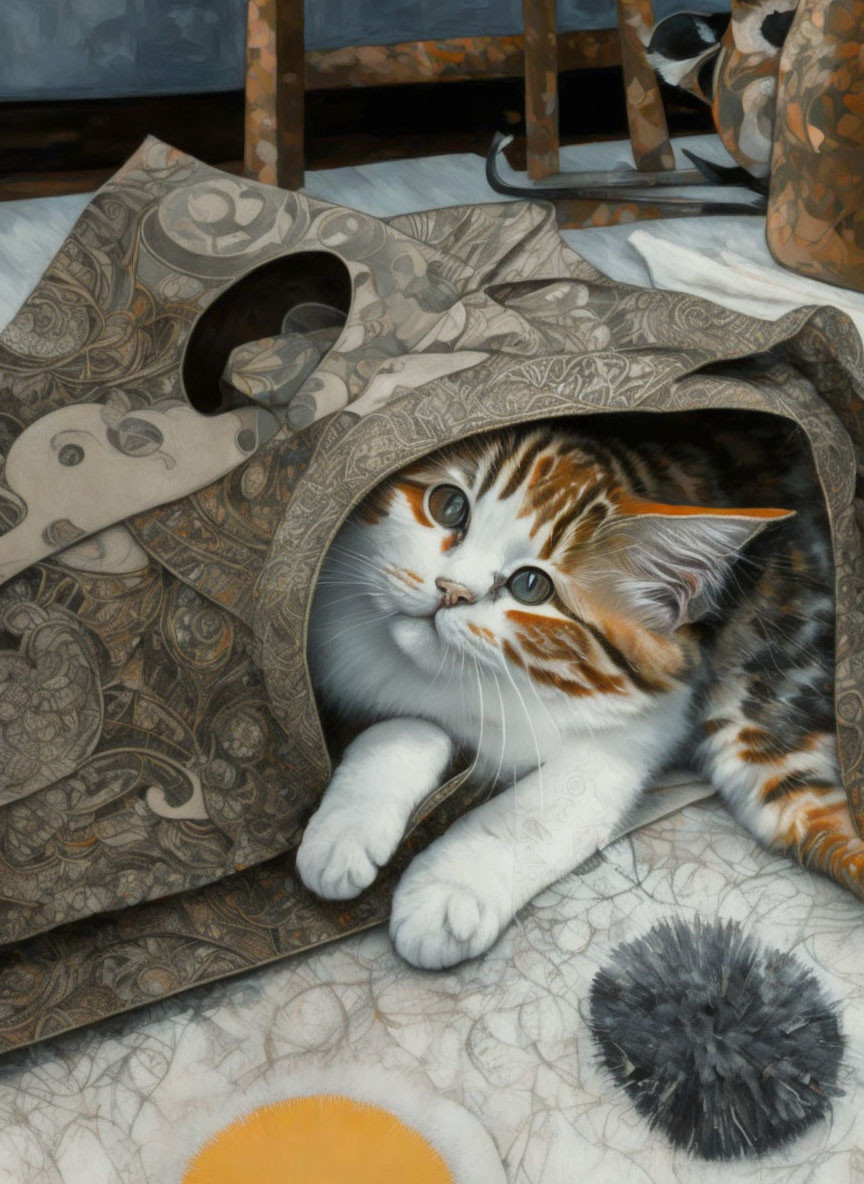 Tabby kitten with white and ginger fur in brown paper bag with gray pompom