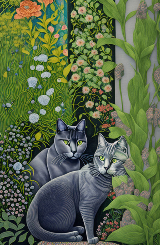 Two grey cats with green eyes in lush garden with colorful flowers.