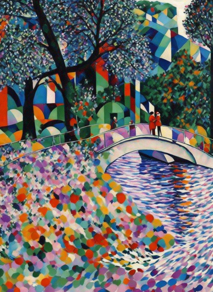 Vibrant geometric landscape with two figures on a bridge