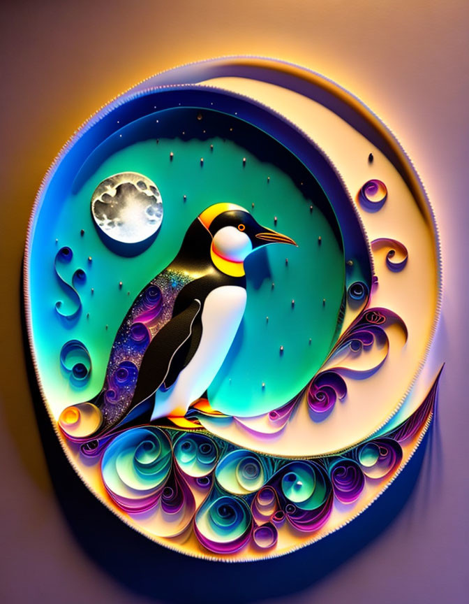 Colorful stylized penguin artwork with moon in rich blues, purples, and greens.