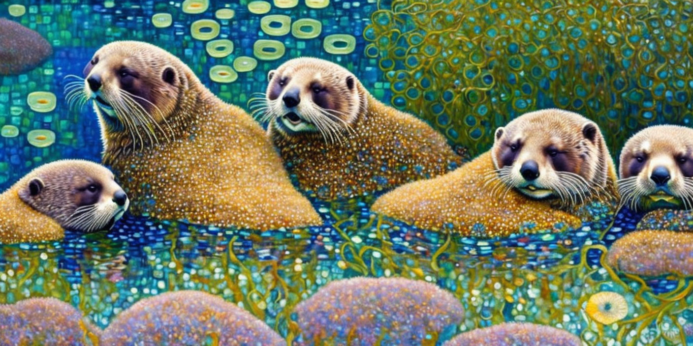 Stylized illustrated otters in vibrant underwater scene