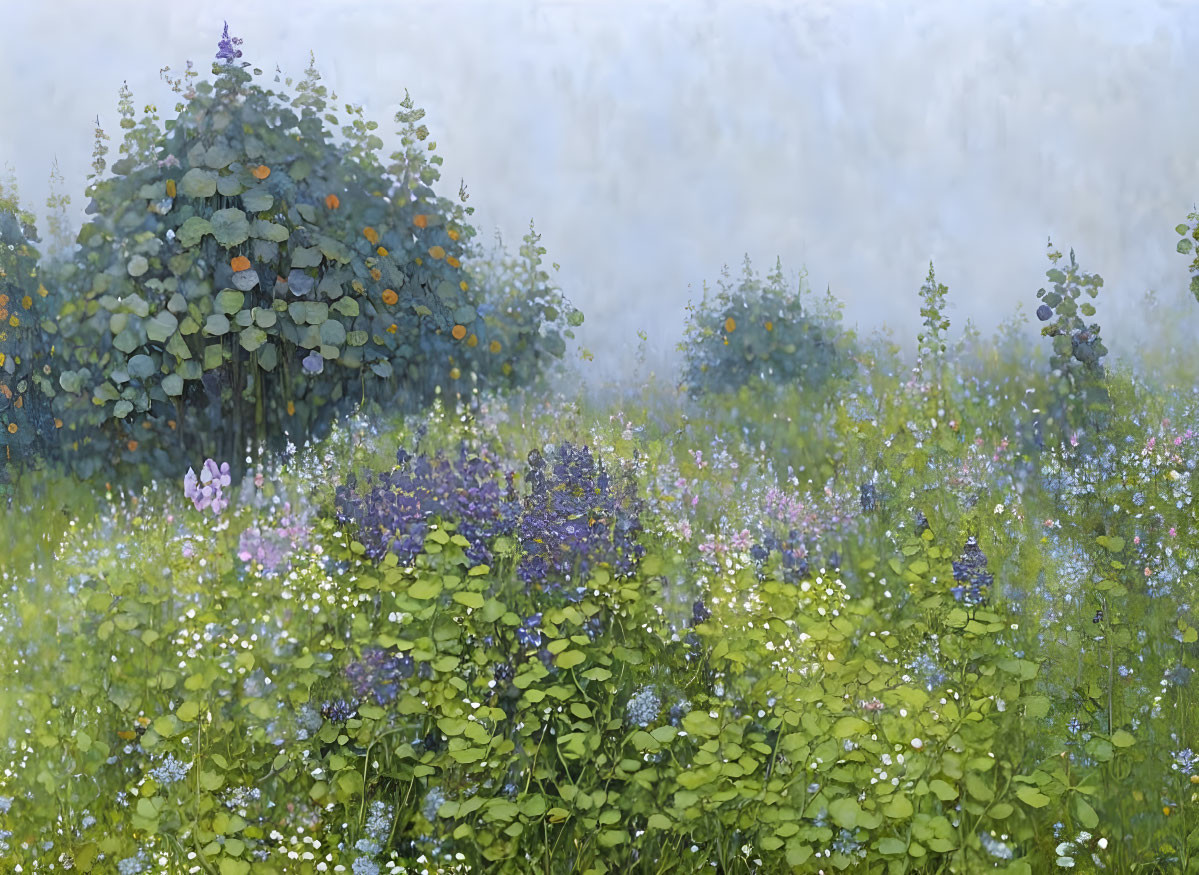 Tranquil wildflower meadow with green, purple, blue, and white blooms