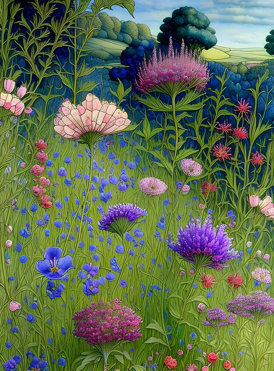 Colorful Flowering Meadow Painting with Variety of Blooms