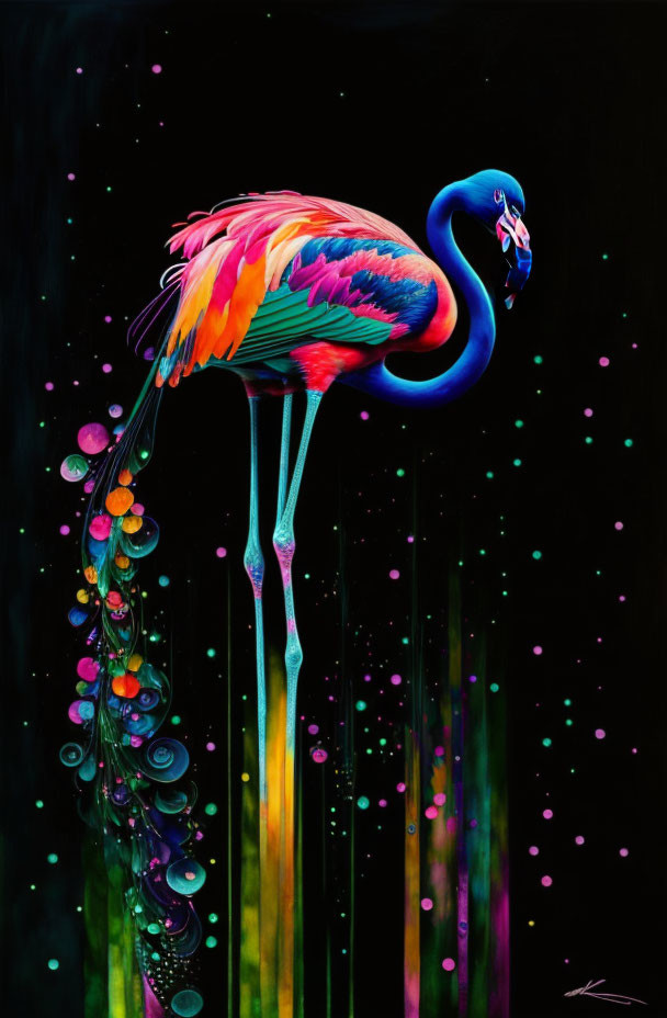 Colorful Flamingo Art on Black Background with Neon Elements