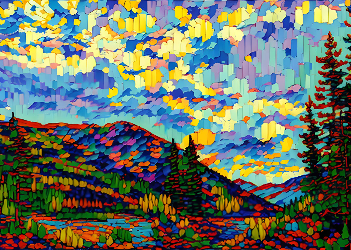 Colorful geometric mountain landscape painting with trees and vibrant sky