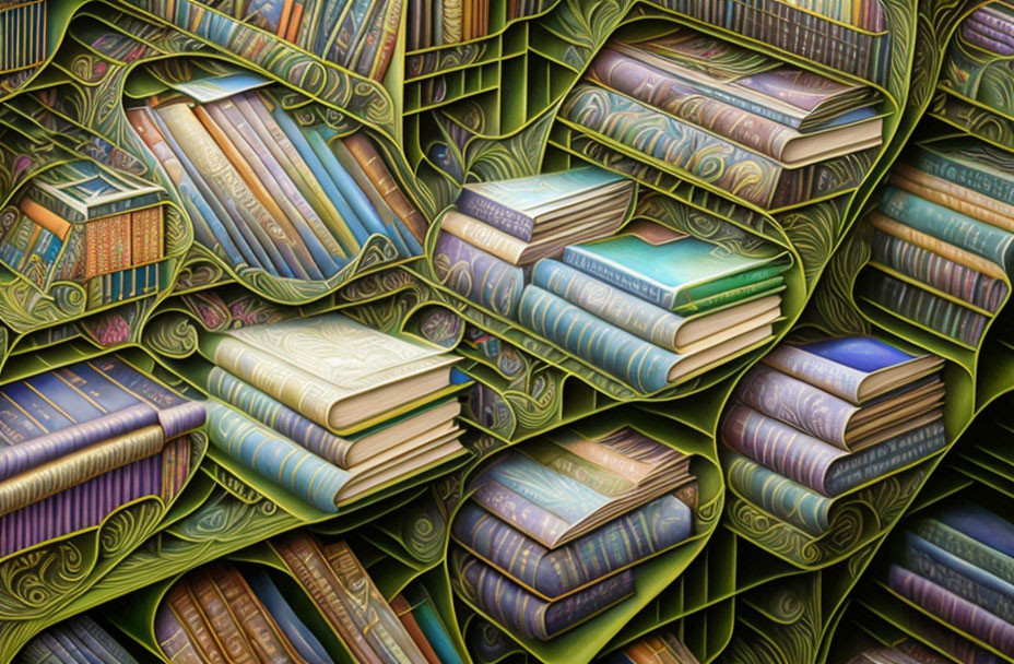 Colorful painting of intricate book designs in fantasy setting