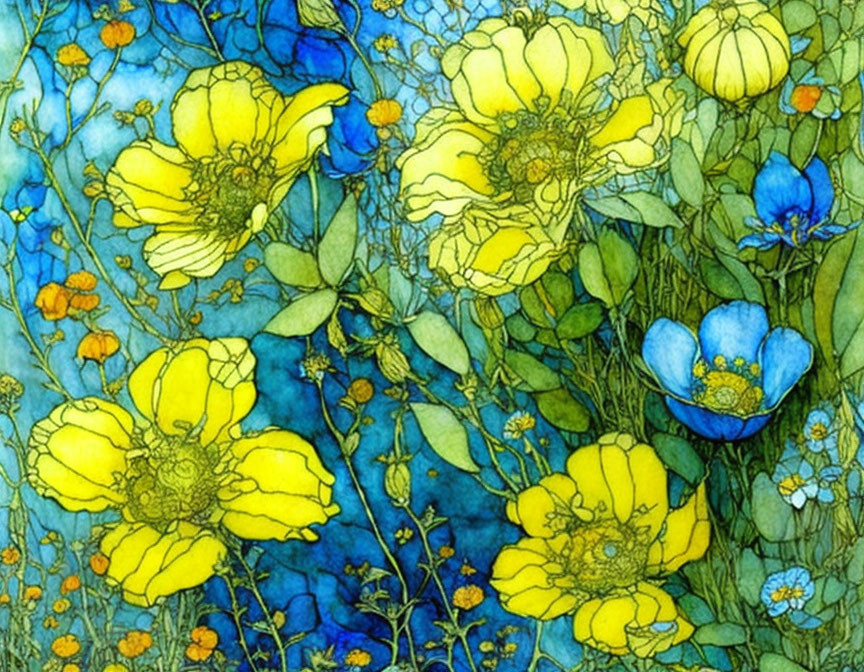 Detailed Watercolor Painting of Yellow and Blue Flowers on Mottled Blue Background