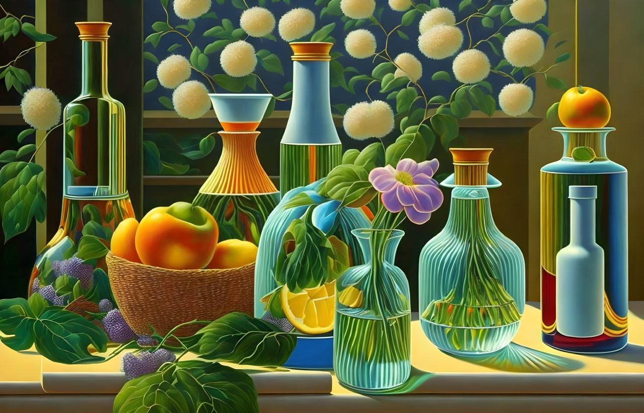 Colorful still-life painting with glass bottles, fruit basket, and flowers on dark background