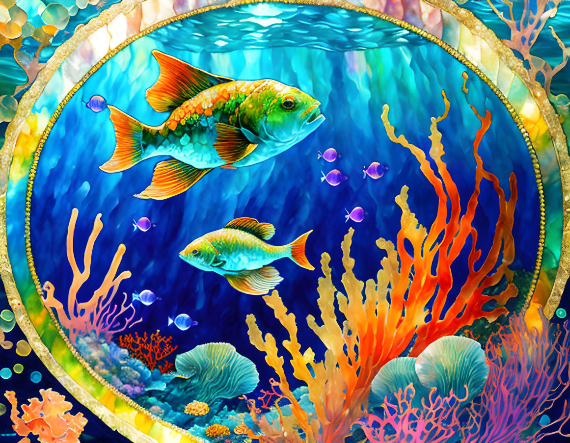 Colorful underwater scene with fish, coral, and jellyfish in ornate circular frame