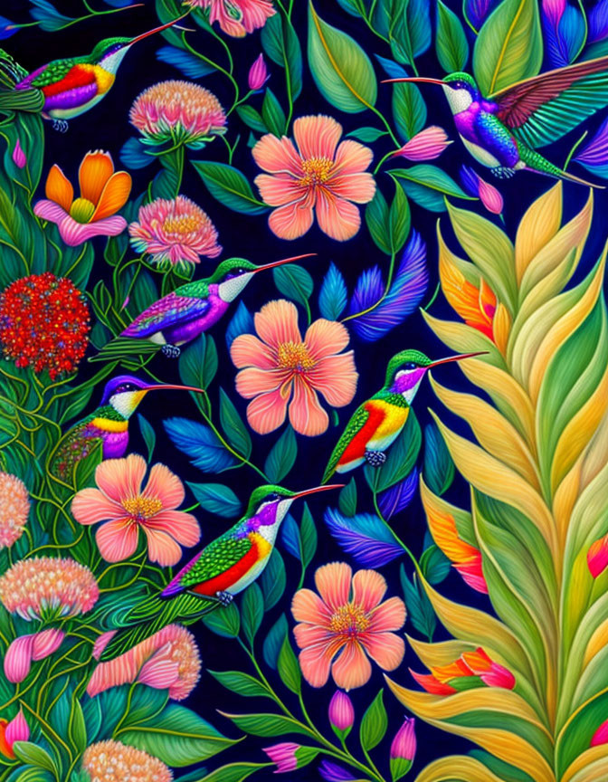 Colorful hummingbirds and flowers in vibrant illustration.