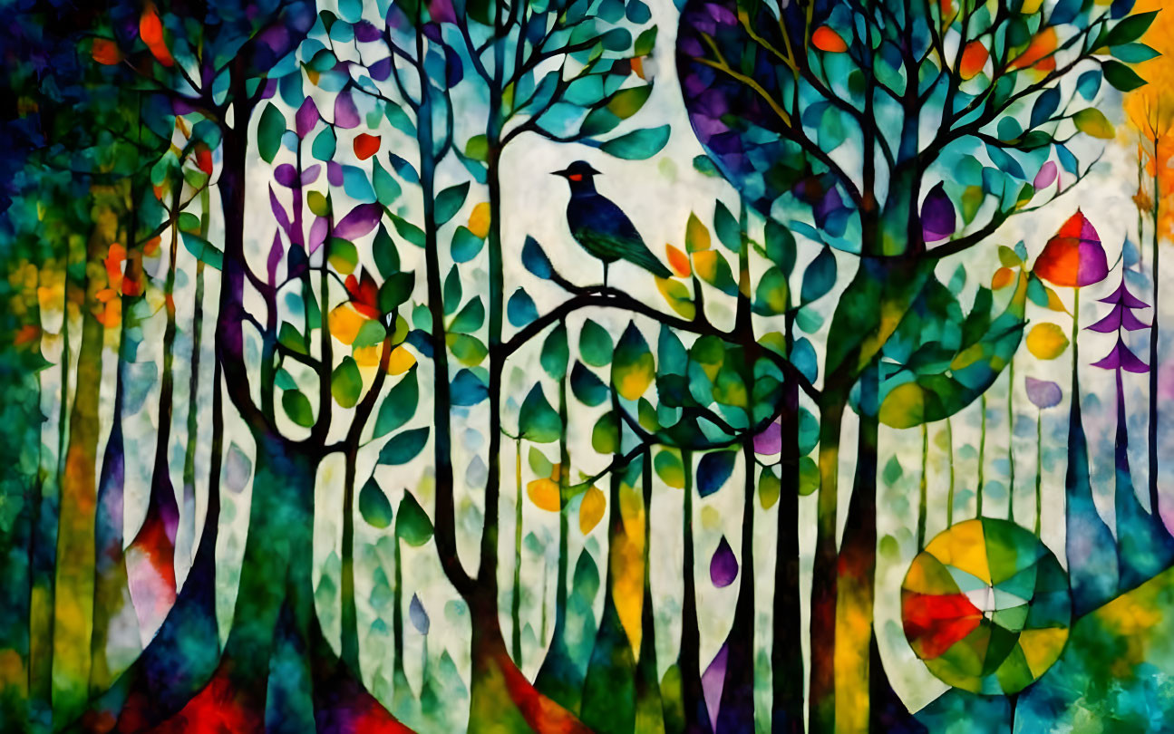 Vibrant painting of trees, bird, and abstract patterns in whimsical forest