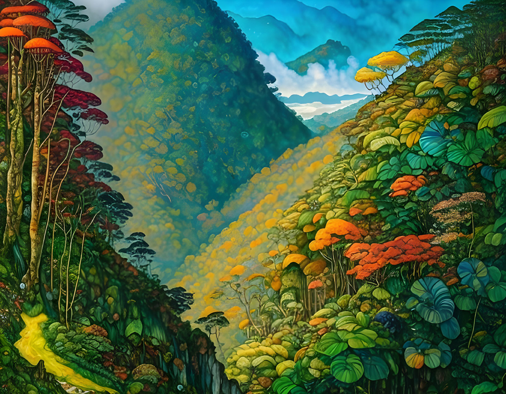 Colorful surreal forest with oversized mushrooms and misty mountains in the background