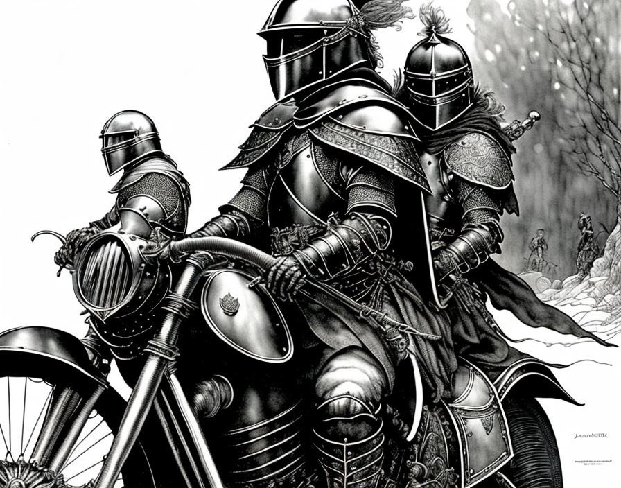 Two knights in ornate armor on horseback among barren trees